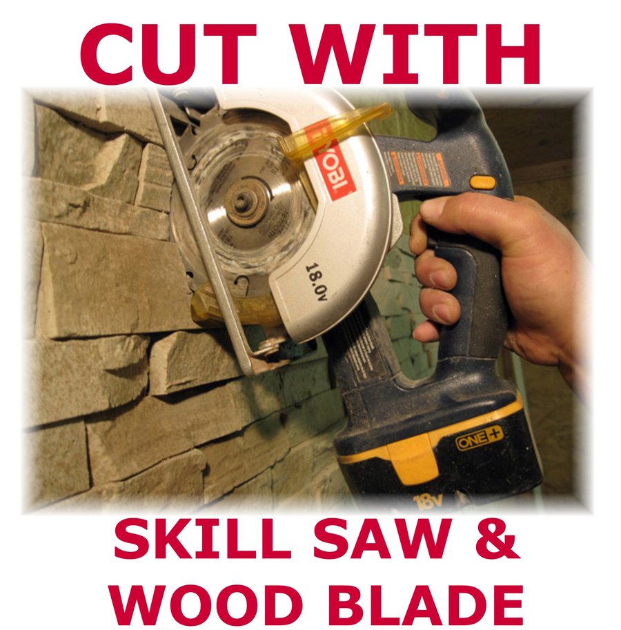 A cordless circular saw with a wood blade cutting through a stacked stone concrete wall panel.