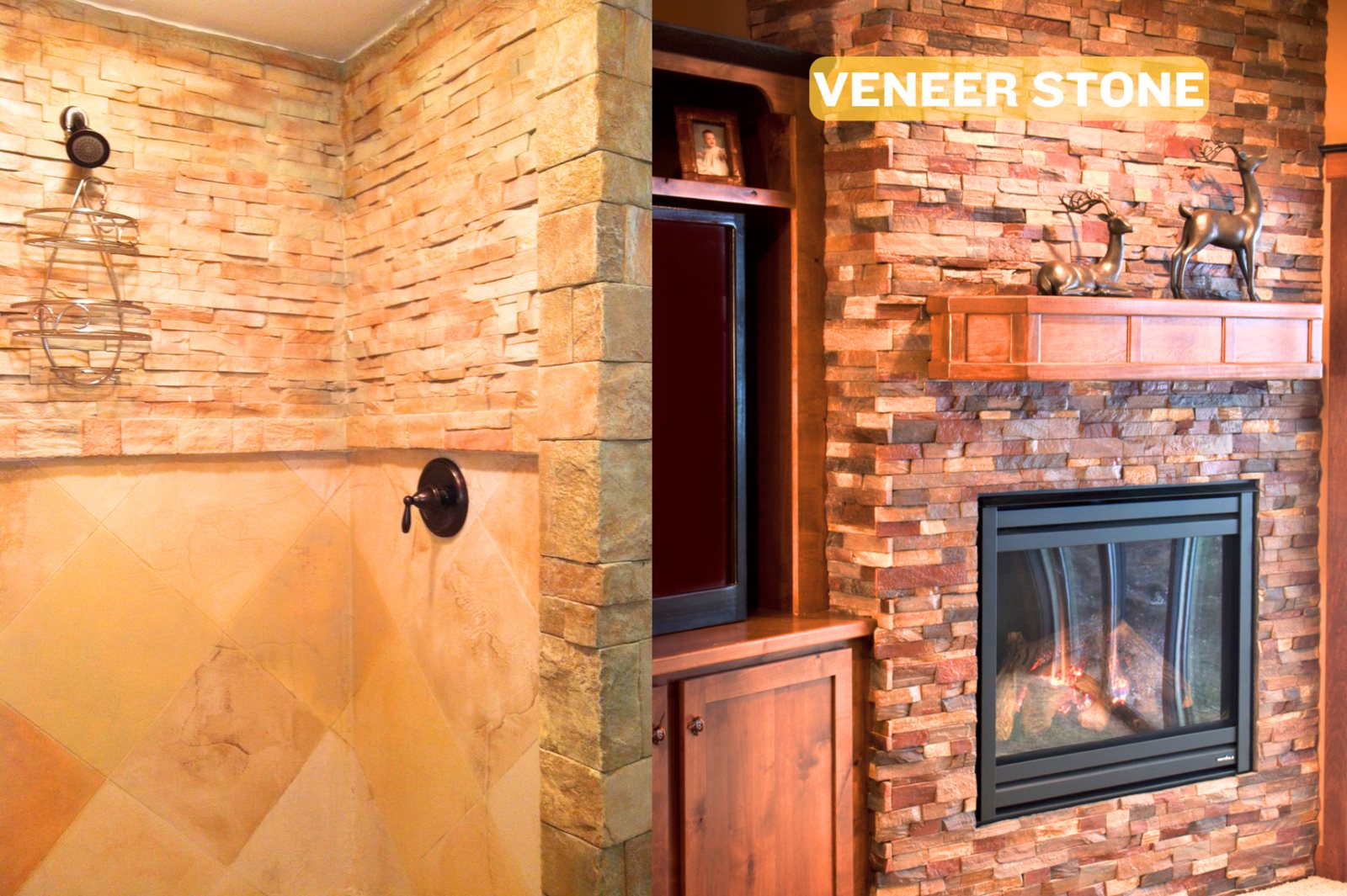 Two interior photographs side by side: a shower surround clad in pale gold stacked stone panels, and a fireplace and media wall clad in warm multi-coloured stacked stone.