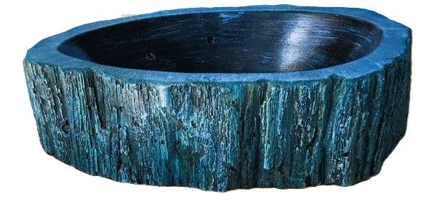 A blue-grey concrete vessel sink with bark texture, on white.